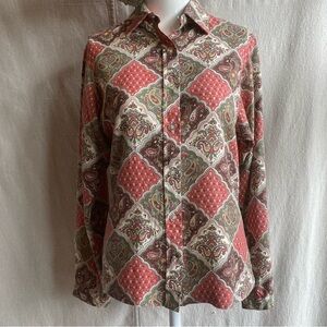 Vintage 1970s Paisley Patchwork Long Sleeve Buttondown Earthy Tones Holly Hobbie